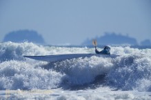 Sea kayaker Don Howard braces into a wave at Makah Bay, Olympic Coast, Washington