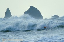 Ken DeBondt, on a big wave day, kayak surfing at the La Push Pummel, La Push, Washington, USA.