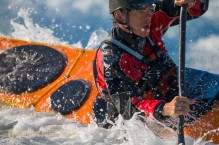 Sea kayaker Bryan Smith at Skookumchuck Rapids, British Columbia, Canada. (MR).
