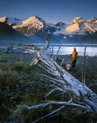 Kayaker ashore in Lituya Bay, AK.