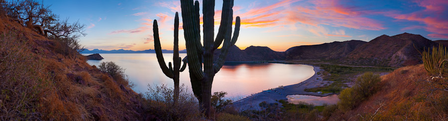 Panorama tools capture sunset at Puerta Blandra, Isla Carmen. Composite from 6 images, 2 different exposures Canon 5D II, 24mm f/3.5L TS-E, @f/11, .25sec and 1sec, iso100.