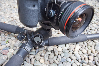 Tripod at minimum height with one leg-angle stop removed.