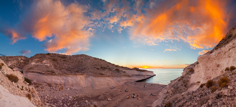 A Baja sunrise panorama, stitched from five vertical images. To balance the light from sky and land, each verical was derived from two different exposures. Canon 5D II, 17-40mm f/4L @ 19mm, f/8, 1/8 and 1/20sec, ISO100