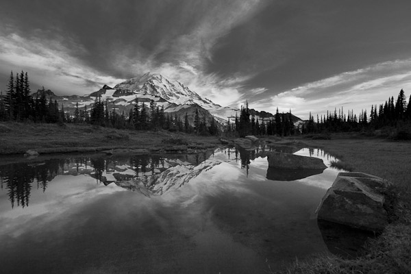 Example 1. Lightroom Black and White Mix luminance admustments darken sky. Mt. Rainier NP, WA