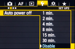 A short-duration Auto power off setting saves battery energy, but Disabling it when Registering your Custom shooting modes is a wise preemptive act (5D Mark III).