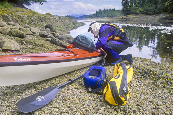 A 2004 trip to the remote Goose Island/Bella Bella area off the British Columbia coast in Canada. The three dry bags are the Sagebrush Dry Cam-Dry (blue), Sure-dry Hip Pack (green), and a custom bag Sagebrush made to house my 500mm f/4—sized for shooting from the cockpit with lens hood, camera and 2x tele attached (yellow).