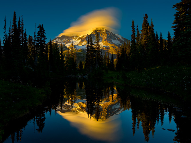 A lenticular cloud forms at sunset. On a backpack to Indian Henry's Hunting Ground, Mt. Rainier National Park. Canon 5D, 17-40mm f/4L @22mm, f/11, 1/8sec, iso50.