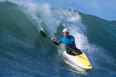 Kayak surfer Jonathan Fortner at Steamer Lane, Santa Cruz.