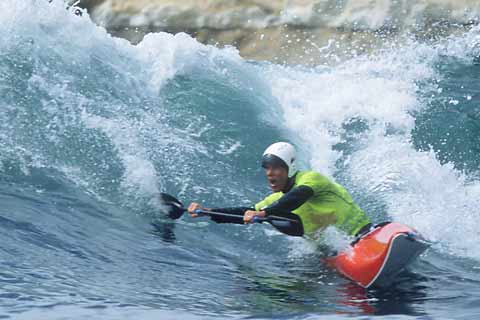 Kayak surfer Jim Grossman at Steamer Lane.