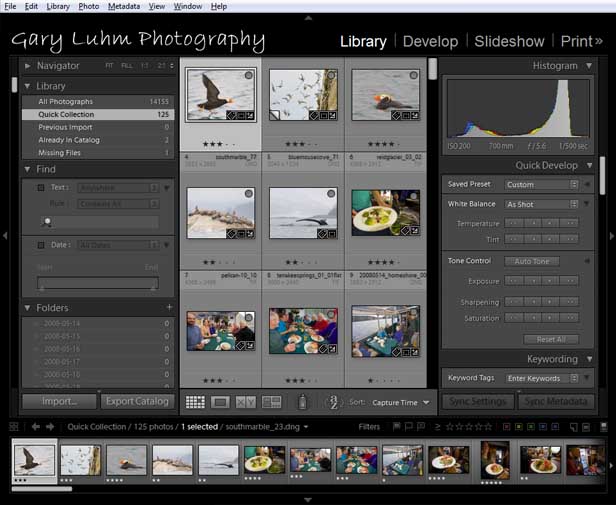 ]Lightroom library module showing thumbnails in content area, left and right panels and film strip.