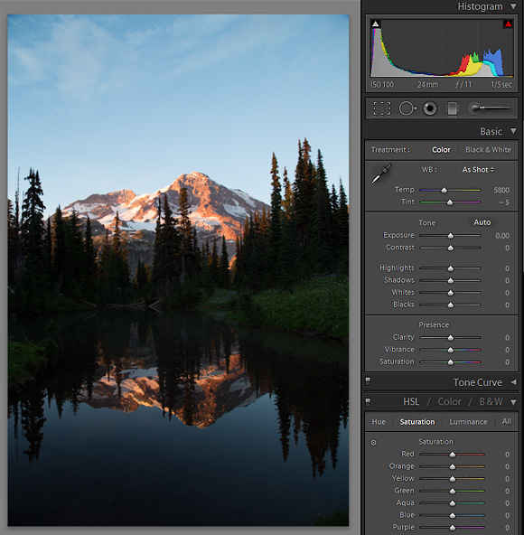 Lightroom 4: Panel 1. Image as it appeared on Import in Lightroom 4. Overall dark, but histogram looks ok; no pegged pixels. Mirror Lakes, Indian Henry's Hunting Ground, Mt. Rainier NP. Canon 5D III, 24-105mm f/4L @f/11,  1/5sec, iso100.