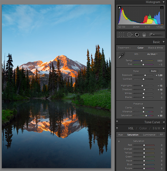 Lightroom 4: Panel 2. Add saturation punch, balance image by darkening sky one stop, lighten overall image 1 stop. Overall medium tone doesn't quite excite. Mirror Lakes, Indian Henry's Hunting Ground, Mt. Rainier NP. Canon 5D III, 24-105mm f/4L @f/11,  1/5sec, iso100.