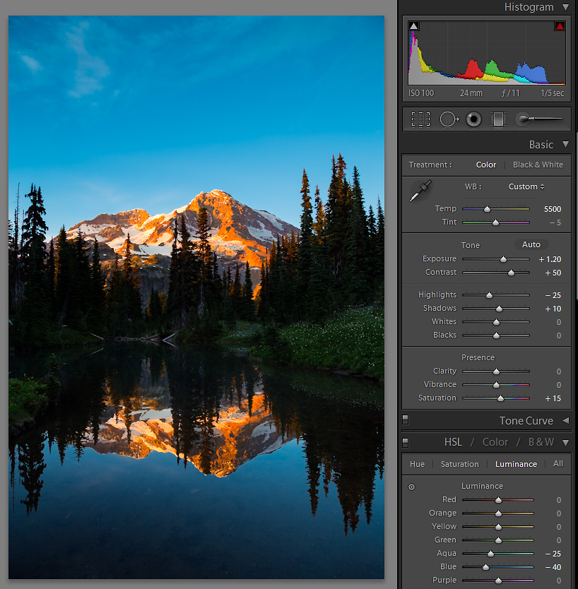 Lightroom 4: Panel 3. Final image with all the adjustments: Greens desaturated, contrast increased, blue luminance lowered, warm tones warmed, cool tones cooled. The image has pop ,mystery and no mosquitoes. Mirror Lakes, Indian Henry's Hunting Ground, Mt. Rainier NP. Canon 5D III, 24-105mm f/4L @f/11,  1/5sec, iso100.