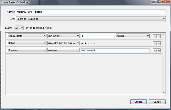 Create Smart Collections pop-up. I named it Monthly_Bird_Photos, placed in Eastside_Audubon Set. The Capture Date, Rating and Keyword criteria are listed.