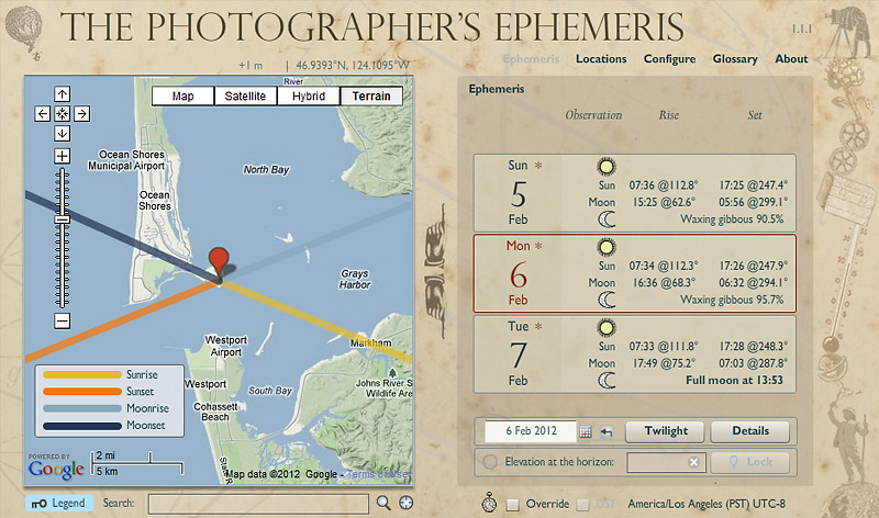 Screen shot of The Photographer's Ephemeris showing Damon Point at Ocean Shores. Sun and moon rise and set times and direction are shown for Feb 6 date on right. Note that the (full) moonrise is opposite the sunset.