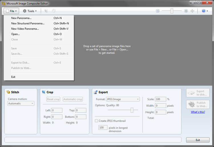 Microsoft ICE interface, with pull-down open to start a new panorama. Note you can make panos from video as well.