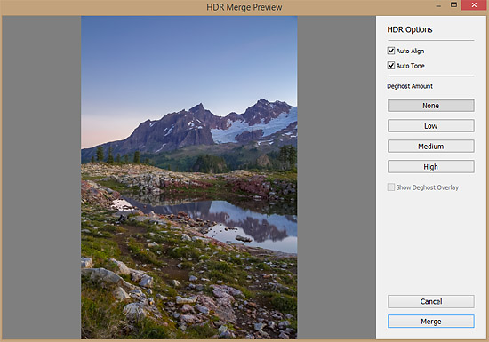 HDR Merge Preview box, with Auto Align and Auto Tone checked.