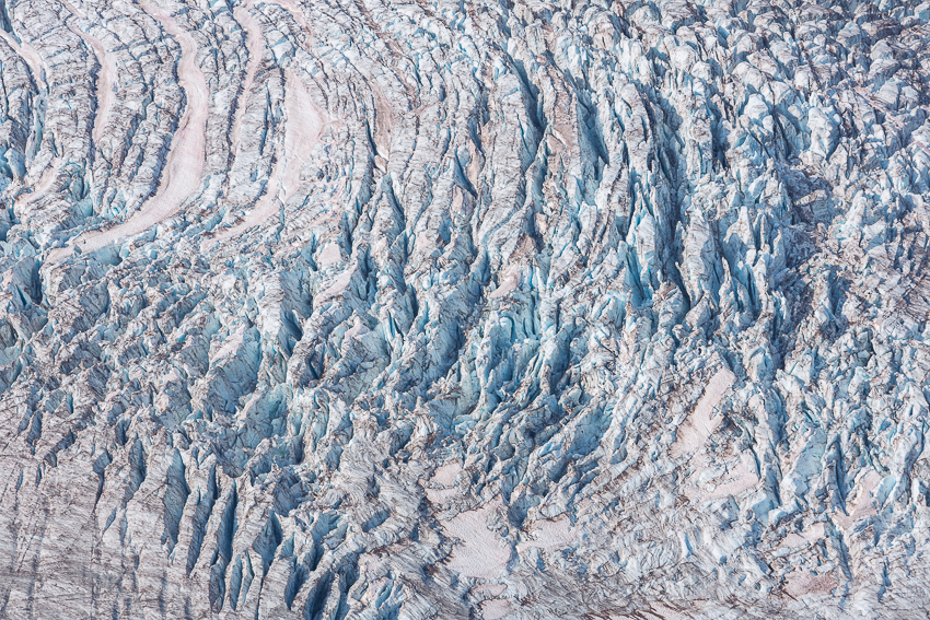 Looking down on the Winthrop Glacier from Third Burroughs, a 200mm lens captures a repetition of crevasses, a pattern.