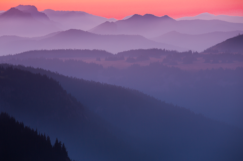 Looking west from Dege Peak after sunset, a 180mm lens extracts a layered pattern of hills.