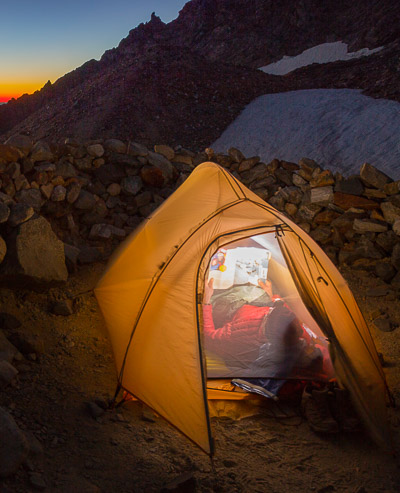 Two-person Big Agnes Fly Creek tent. 2.3 lb, at sunset below Sahale Glacier, Sahale Arm, North Cascades National Park, Washington.