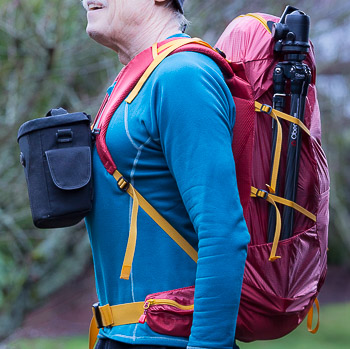 Montbell Versalite 30 backpack, with Tamrac 3300 chest-strap-mounted camera case and Oben CT-2331 tripod.