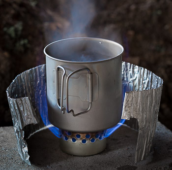 Home-made alcohol stove with Toaks pot, windscreen.