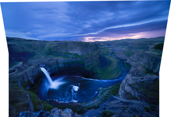 HDR capture of Palouse Falls combined with a sky lightning exposure via LIghtroom Merge Panorama.